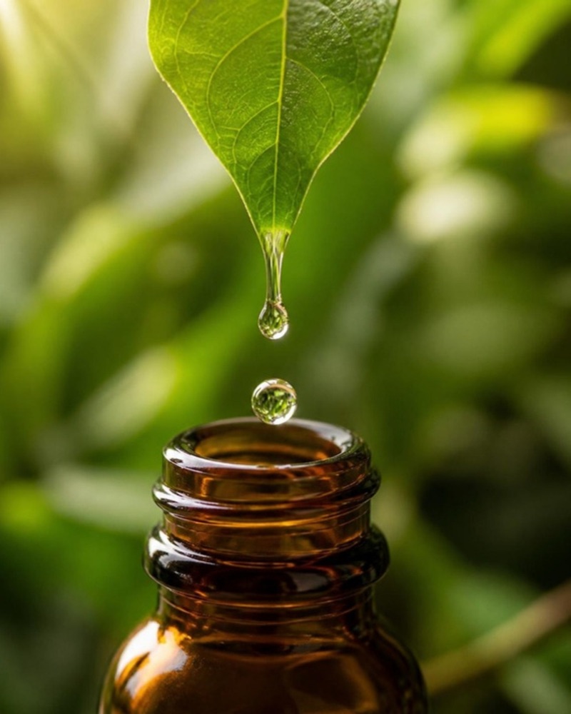 Gota caindo de uma folha num frasco âmbar de homeopatia
